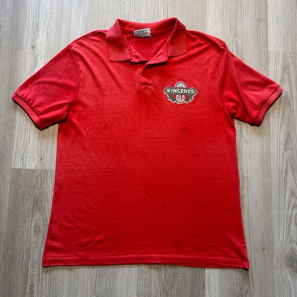 Men's Vintage 80's Vincent's Italian Sandwich Bar Red Polo Work Shirt Sz Large - Picture 1 of 7